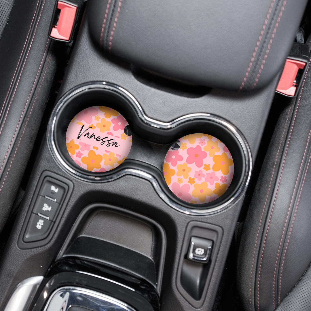 Personalised Name Car Coasters - Pink & Orange Bloom