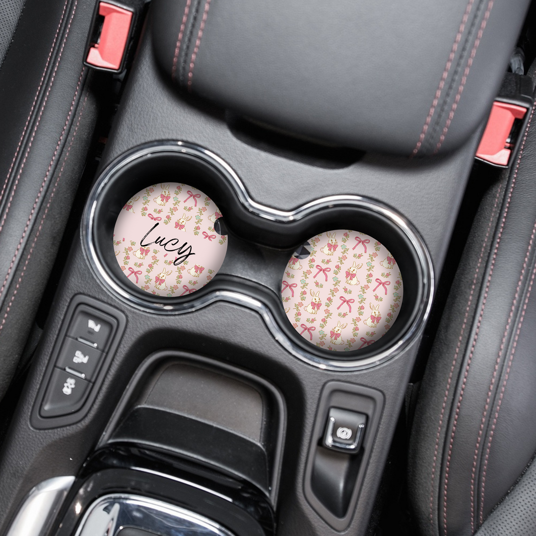 Personalised Name Car Coasters -Bow-tiful Bunny