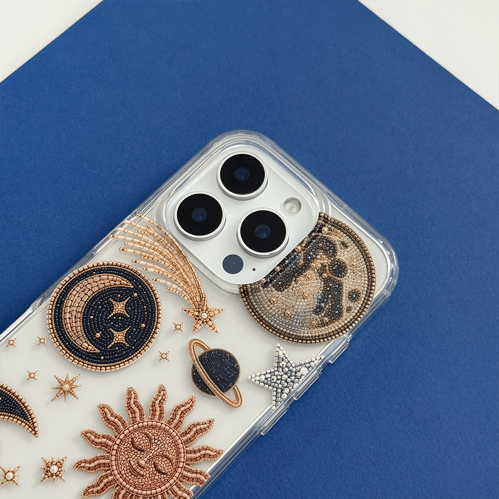 Clear Phone Case with celestial illustrations; stars, space, moon and sun.