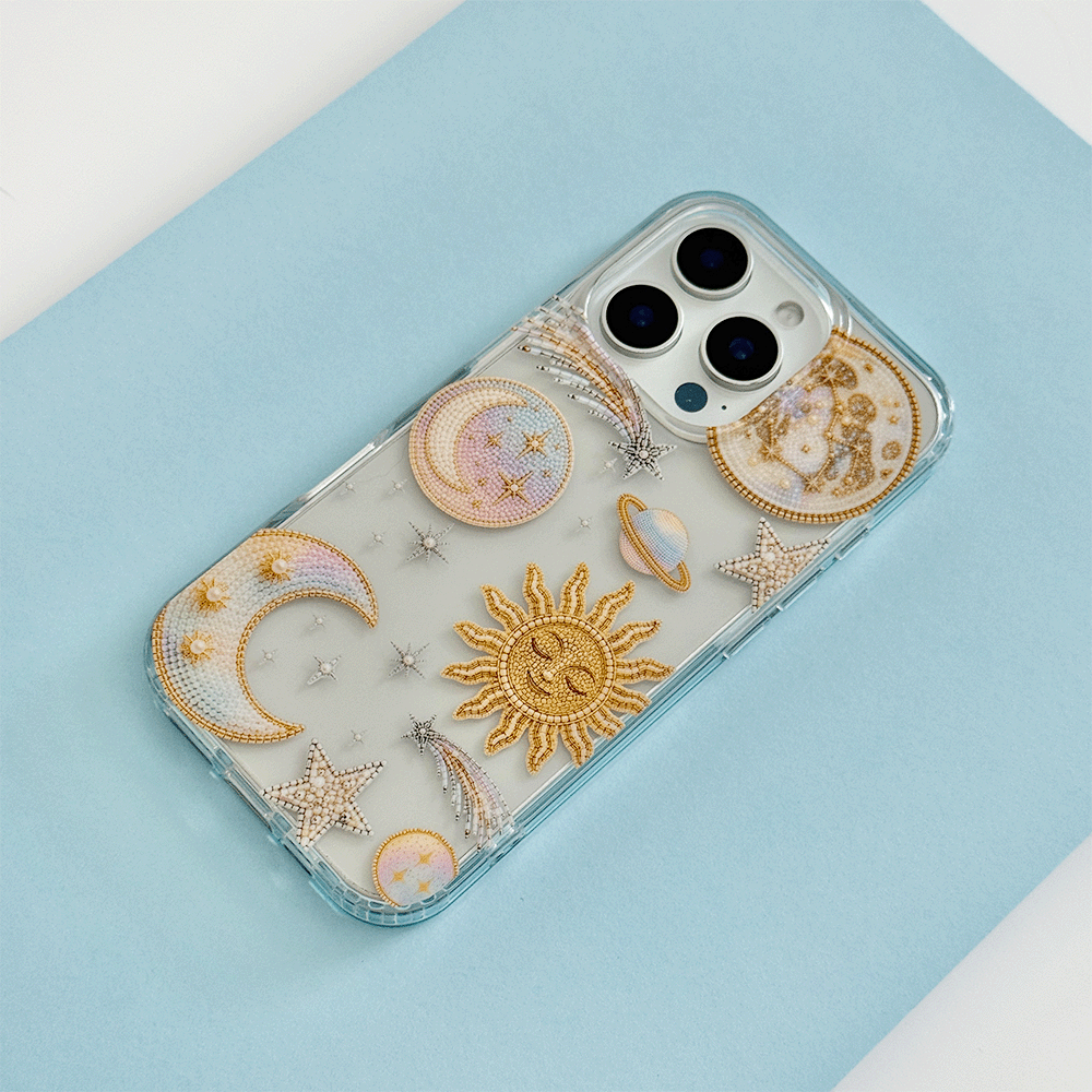 Clear Phone Case with celestial illustrations; stars, space, moon and sun.