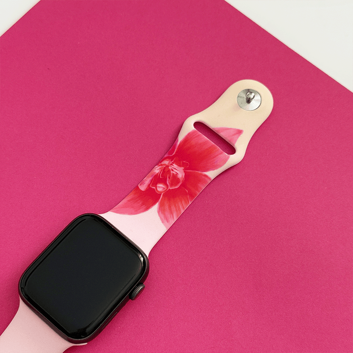 Pink Apple Watch Strap with pink orchid flowers.