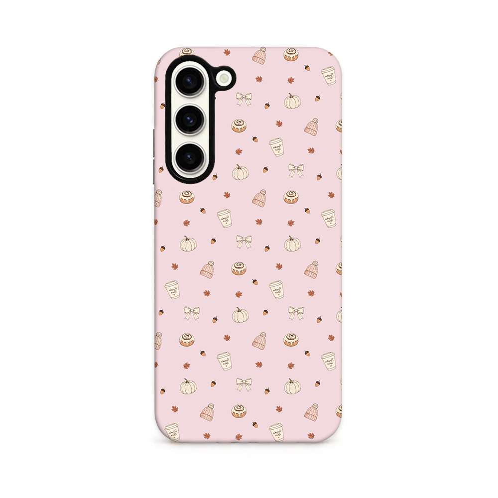 Autumn treats on a pale pink background.