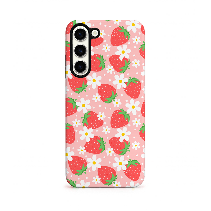 Phone case with a strawberry and floral design on a white background