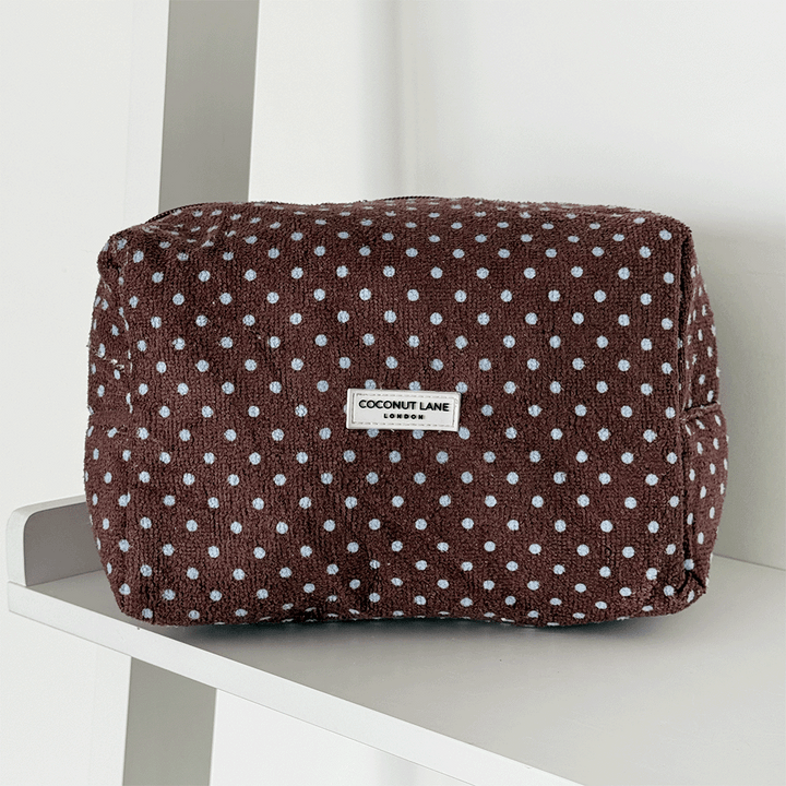 Brown towel texture Makeup Bag with blue polka dot design. 