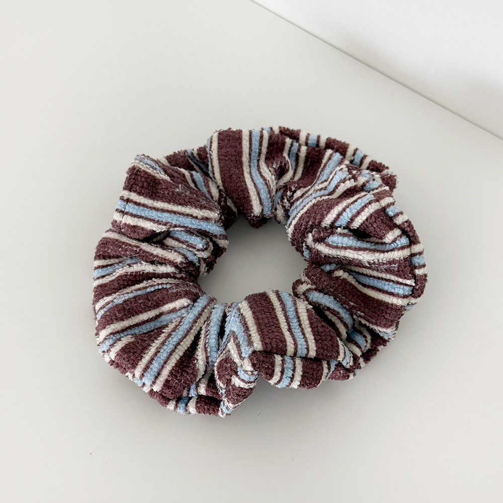 Brown, Blue & White stripe design Scrunchie in towel material. 