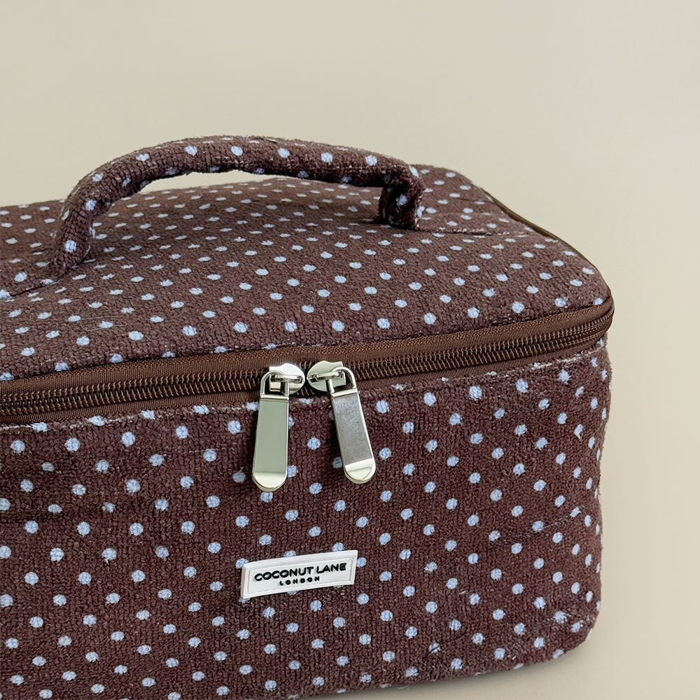 Travel Towel Vanity Case - Brown & Blue Polka Dot