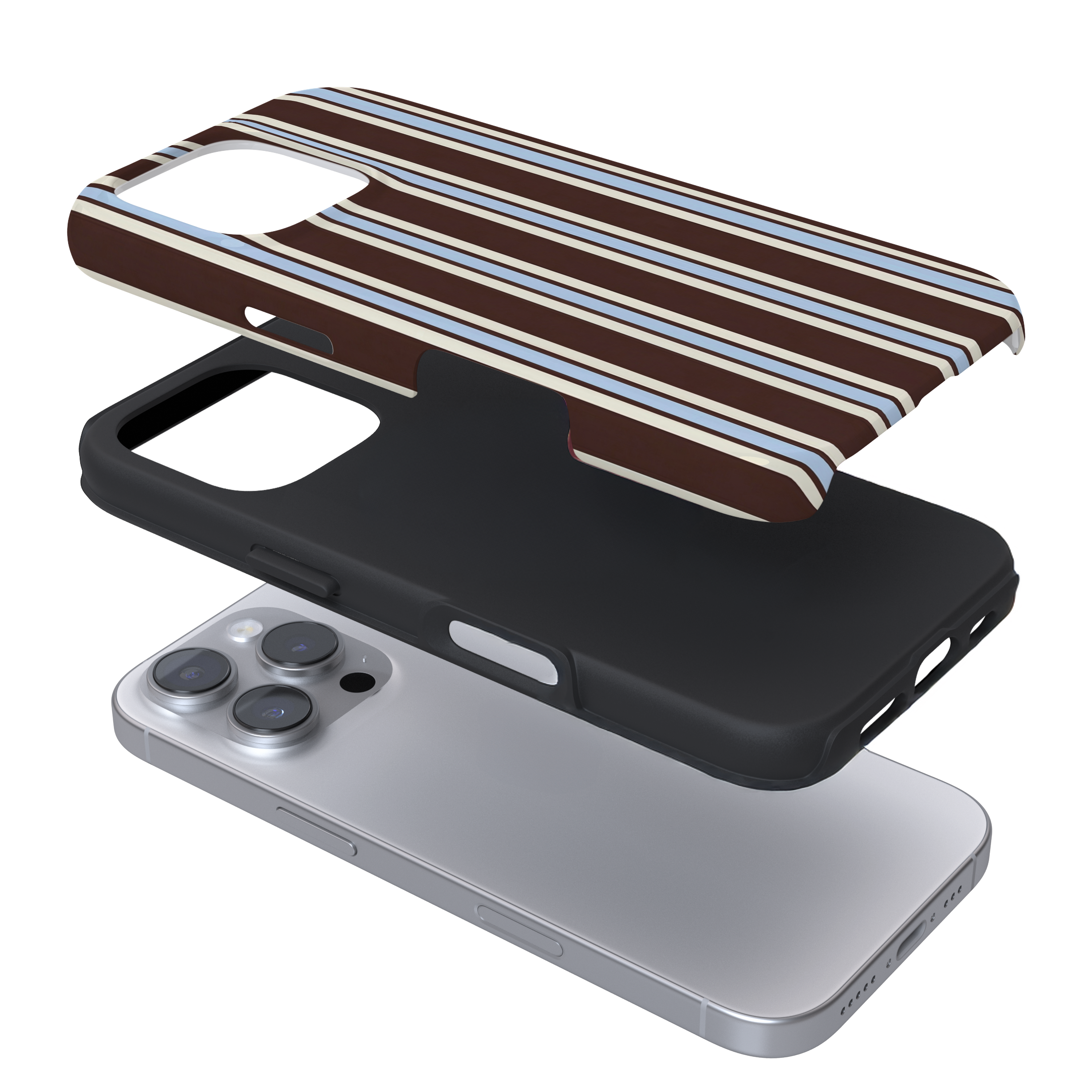 Brown and blue striped tough phone case from Coconut Lane shown in a floating, exploded view revealing three layers.