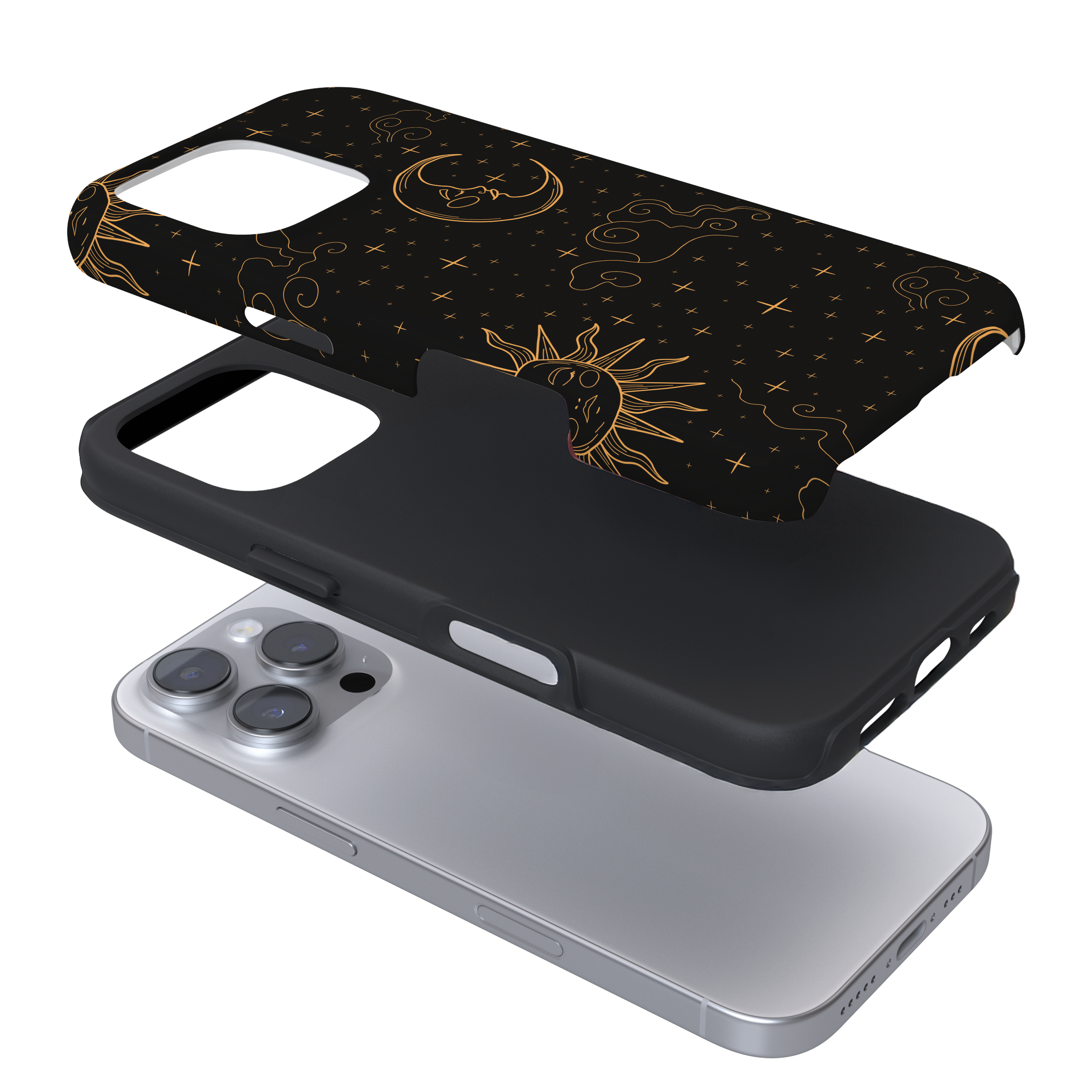 Expanded view of a phone case with a celestial design on a white background