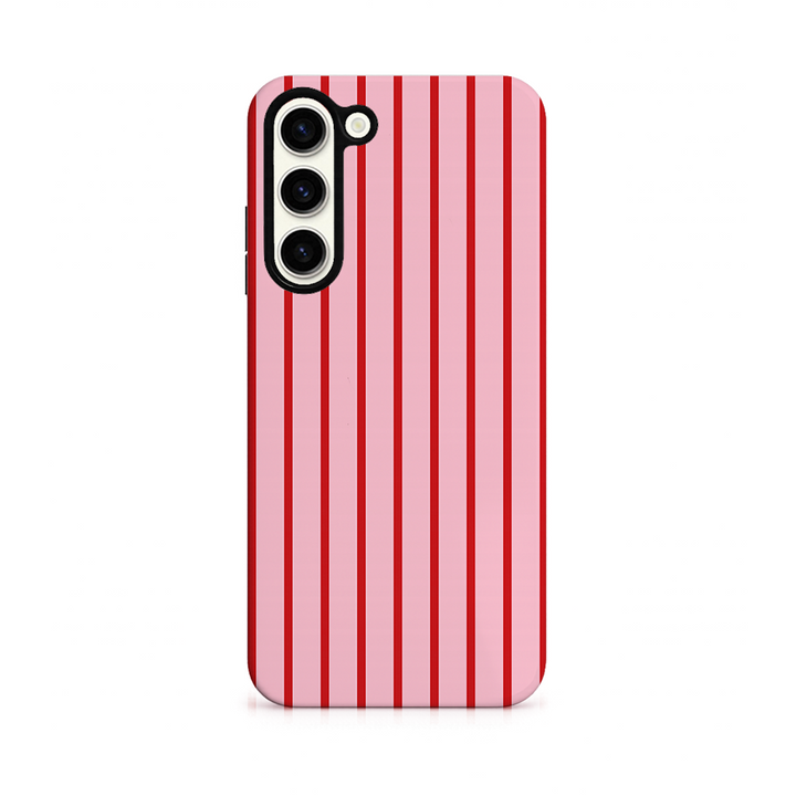 Pink phone case with red vertical stripes on a white background