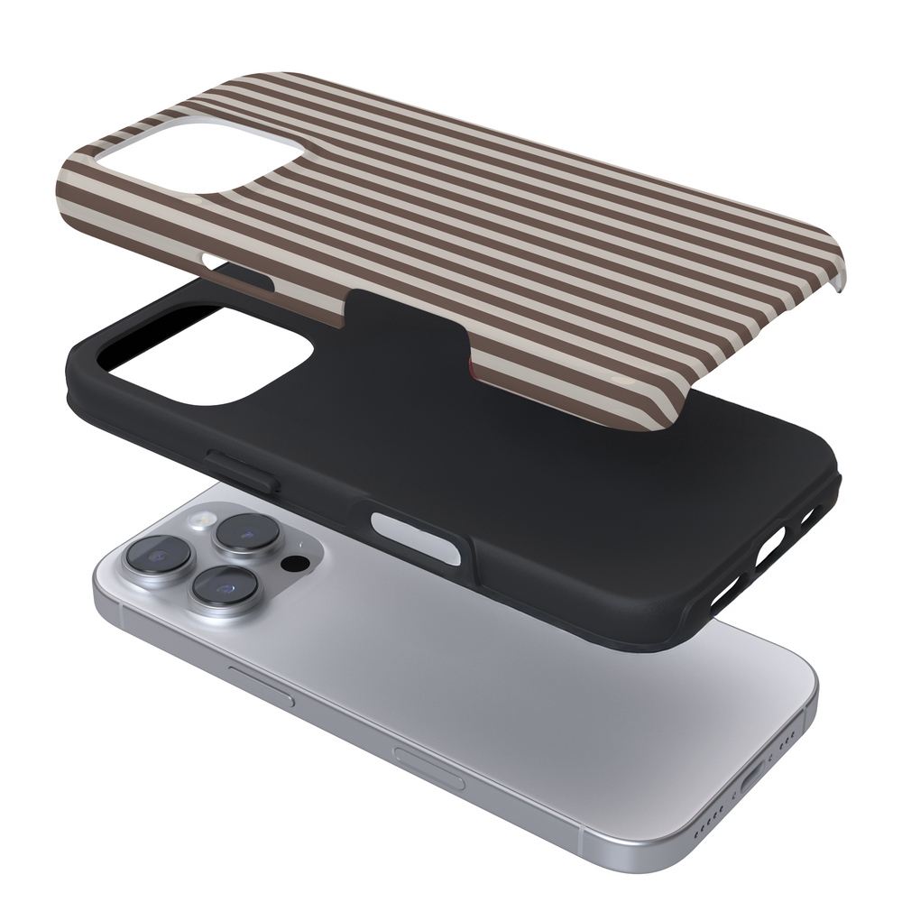 Expanded view of a phone case with a brown striped pattern on a white background