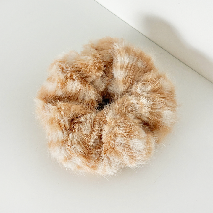 Fluffy Scrunchie in fawn print, beige and white.