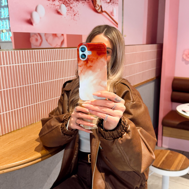 Iced Latte Tough Phone Case in a cafe matching to the brown and white aesthetic