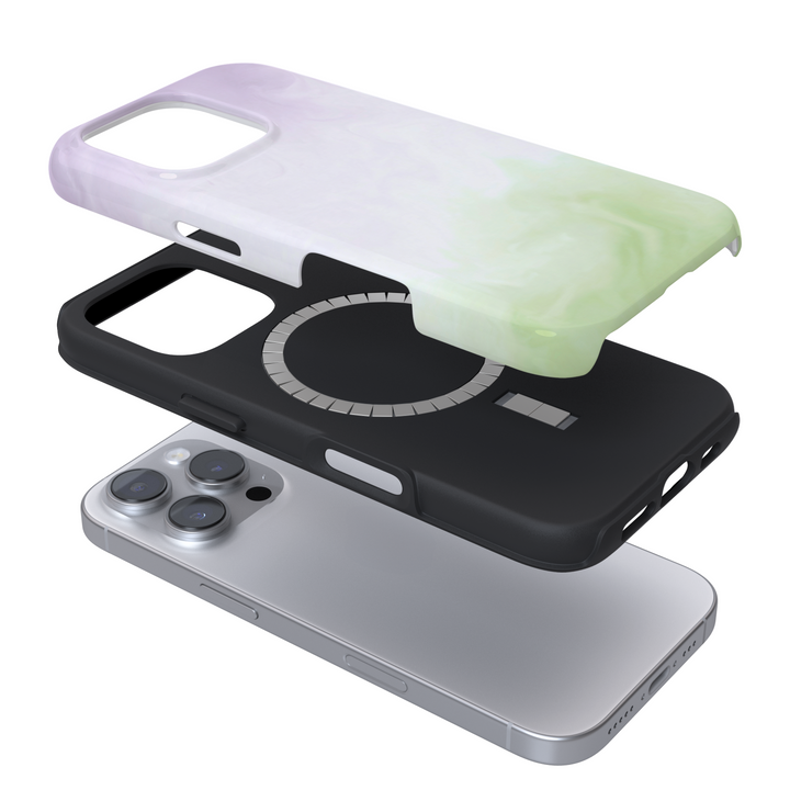 Expanded view of a Magsafe Phone case with a matcha gradient design on a white background