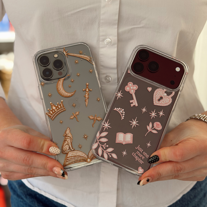 Clear  love and lore collection phone cases. Fantasy girl phone case with golden illustrations of fantasy themed beaded effect icons, such as a book, wolf, crown, moon, sword, stars and dragons.

Romance girl clear phone case with beaded effect illustrations of a key, heart padlock, crown, stars, a rose and the text "just one more chapter"
