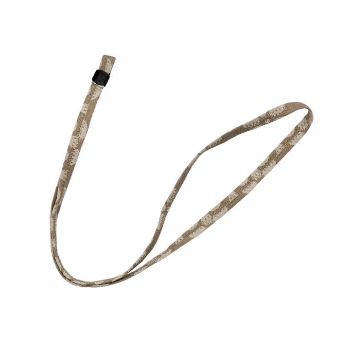 Introducing the Universal Phone Lanyard Patch Bundle from Coconut Lane: a stylish brown and beige camouflage-patterned lanyard, perfect as a phone accessory. It features a looped end and a black attachment piece near the top. Crafted from fabric, it lies flat on a white background.