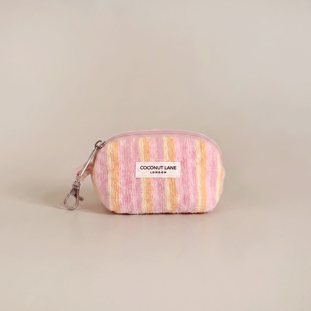 Pink, orange and yellow stripe small keyring bag with zip closure and keychain attachment.