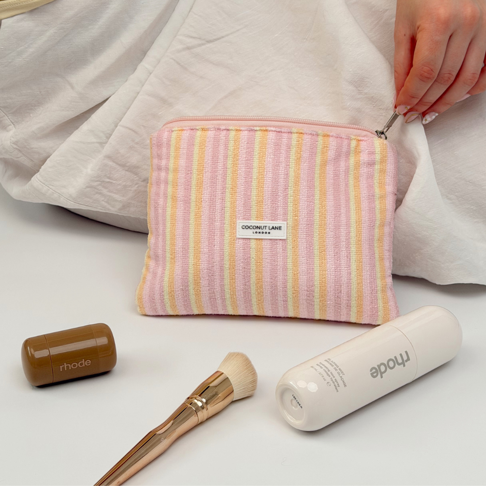 Mini towel everything pouch in pastel stripes with makeup
