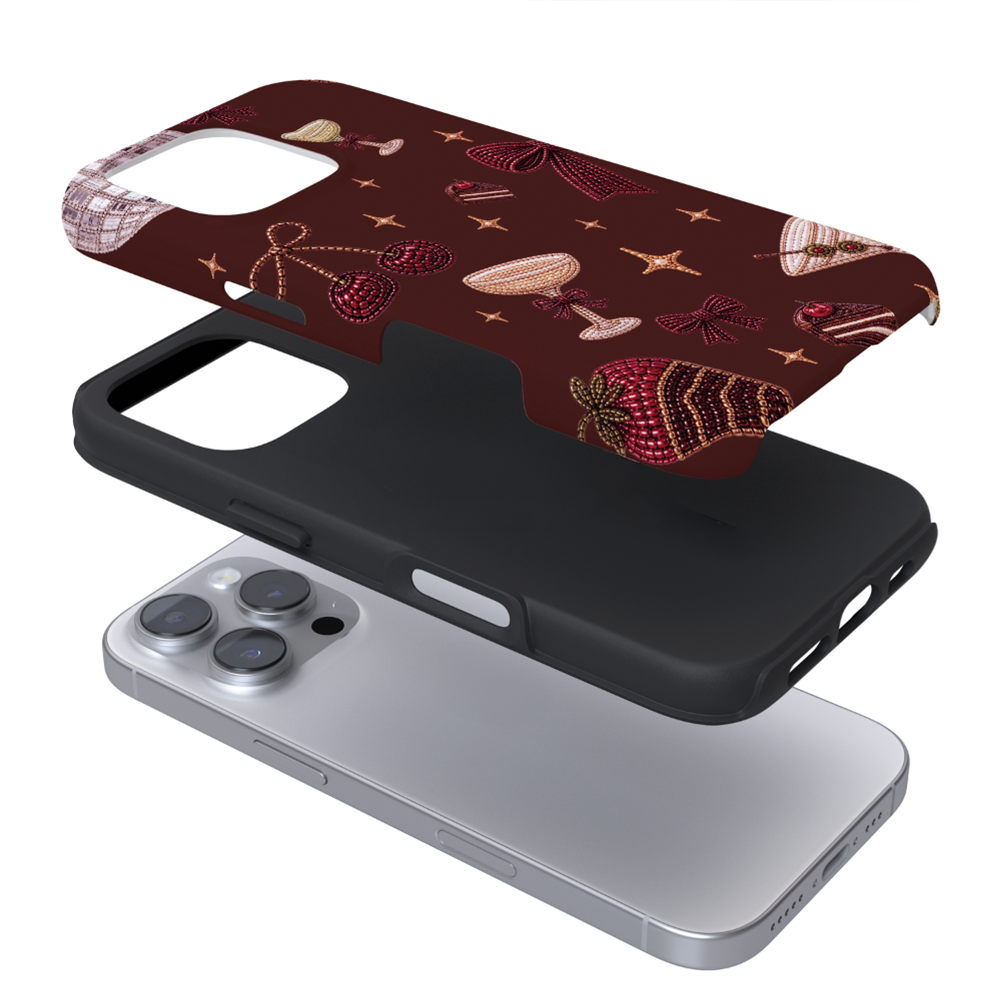 Cute christmassy beaded icons on a chocolate brown case.