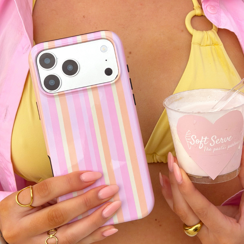Girl holding ice cream and tough pastel stripes phone case