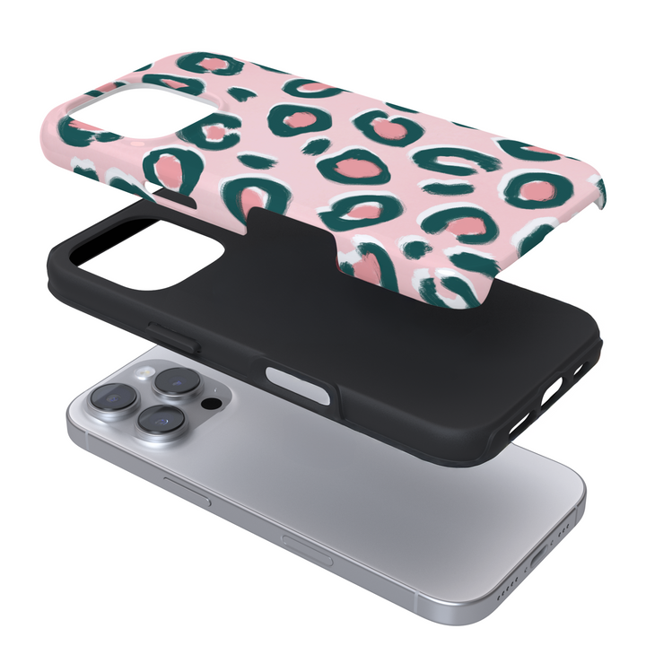 Expanded view of a phone case with a pink leopard print on a white background