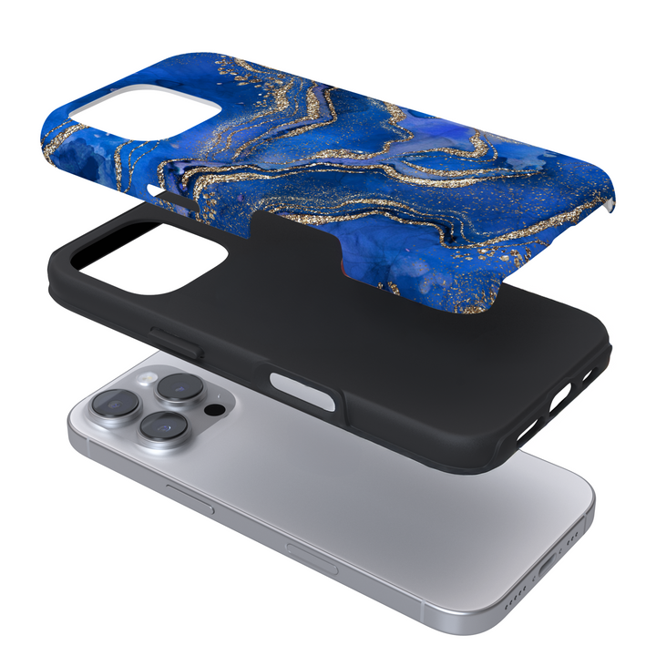 Expanded view of a phone case with a marbled blue and gold crystal design on a white background
