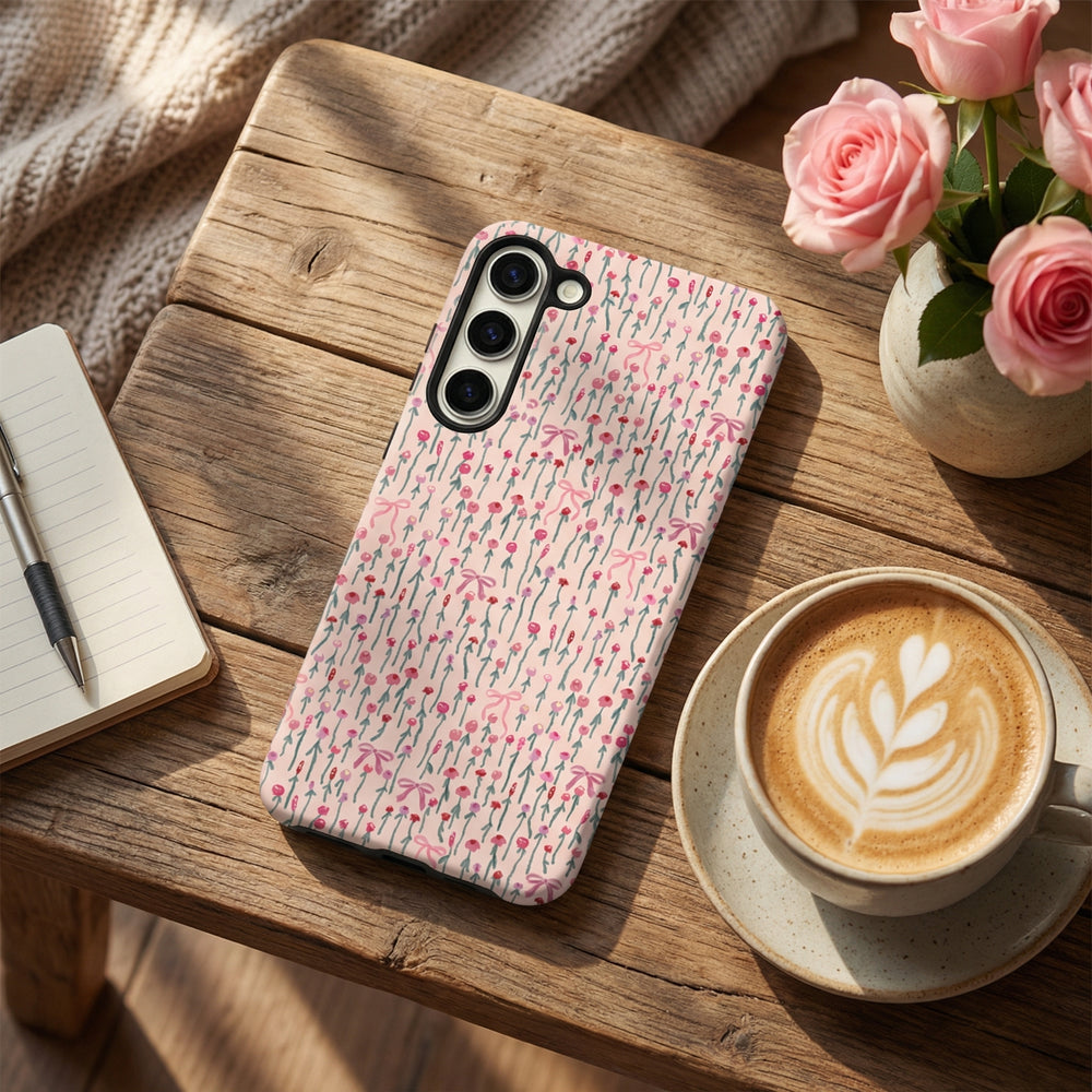 Coconut Lane Samsung tough phone case with peony bow design on a wooden table beside a latte, roses, and notebook.