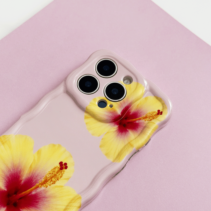 Pink Wavy Coconut Lane Phone Case with yellow hibiscus flower design.