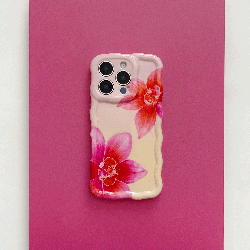 Pink and peach ombre Wavy Coconut Lane Phone Case with bright pink flower design.