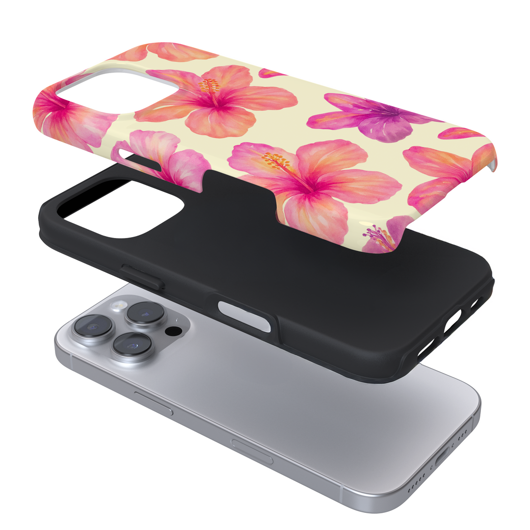 Expanded view of a yellow phone case with a hibiscus pattern on a white background