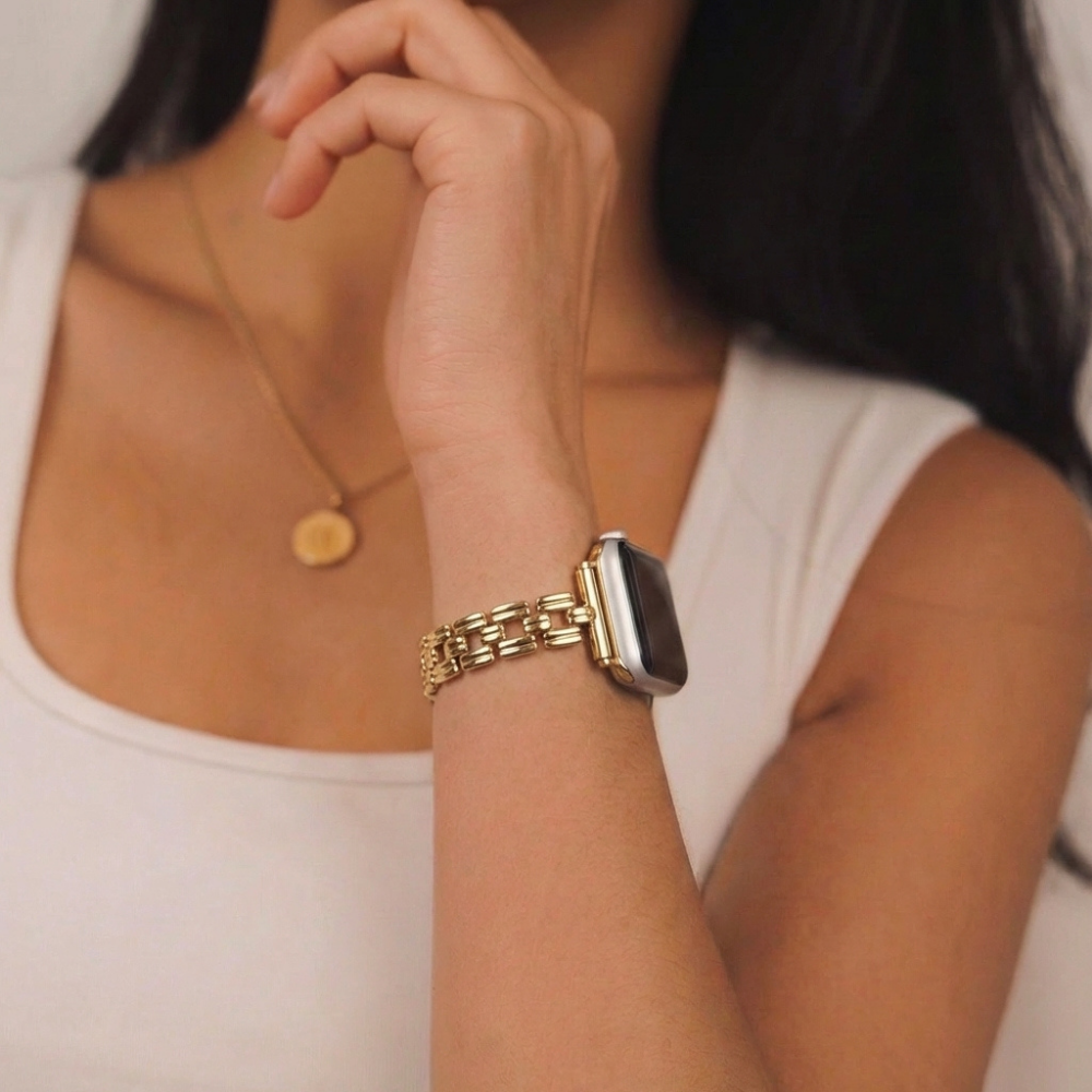 Girl wearing Gold Square Watch Strap on wrist