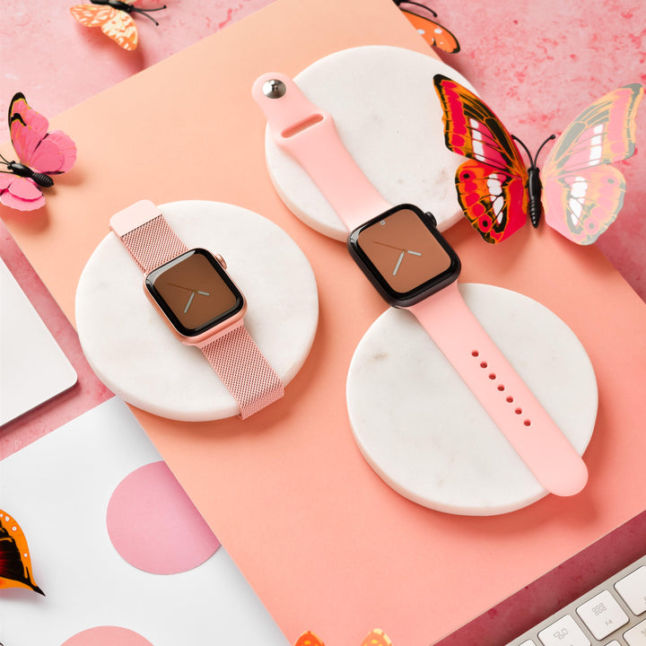Pink-Silicone-and-Magnetic-Chain-Apple-Watch-Strap-Set
