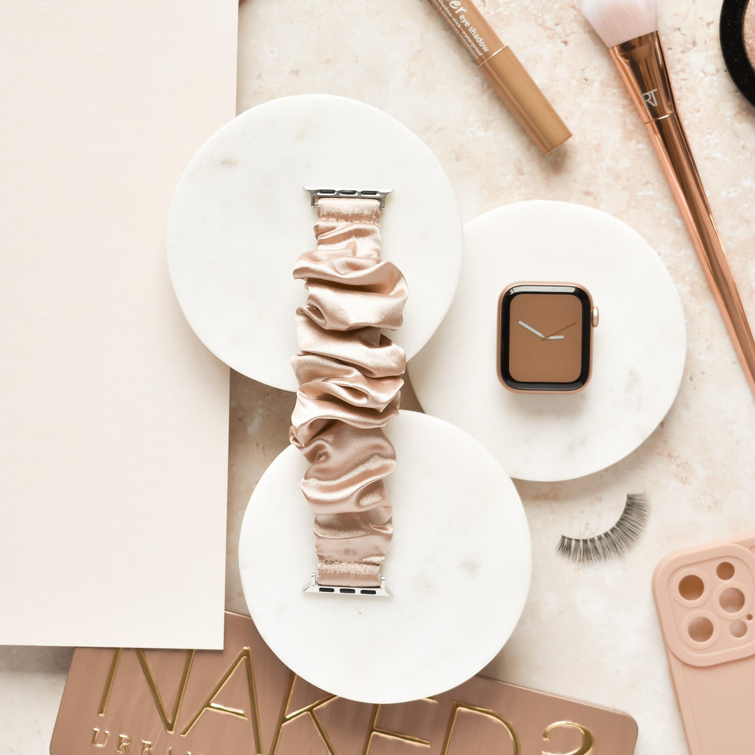Beige-Satin-Scrunchie-Apple-Watch-Strap-Band-Flat-Lay