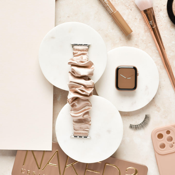 Beige-Satin-Scrunchie-Apple-Watch-Strap-Band-Flat-Lay