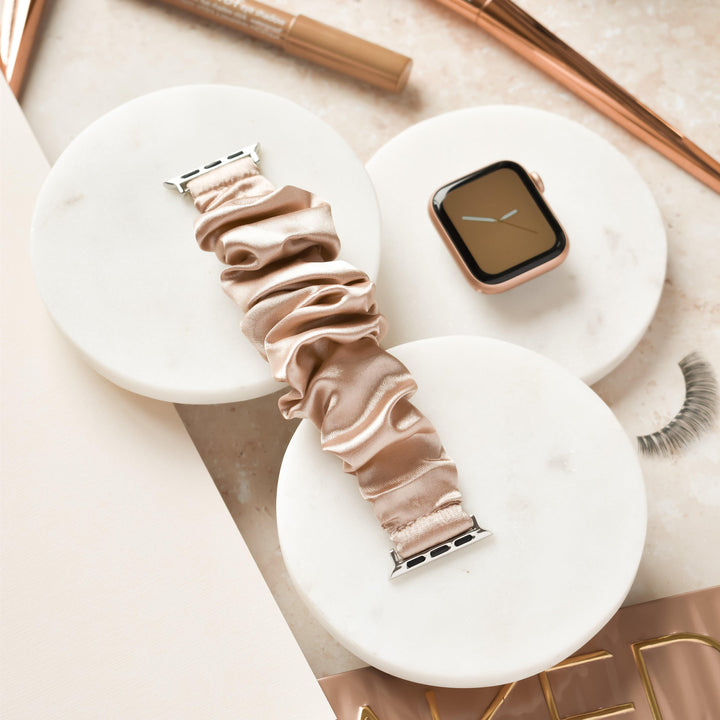 Beige-Satin-Scrunchie-Apple-Watch-Strap-Band-Flat-Lay