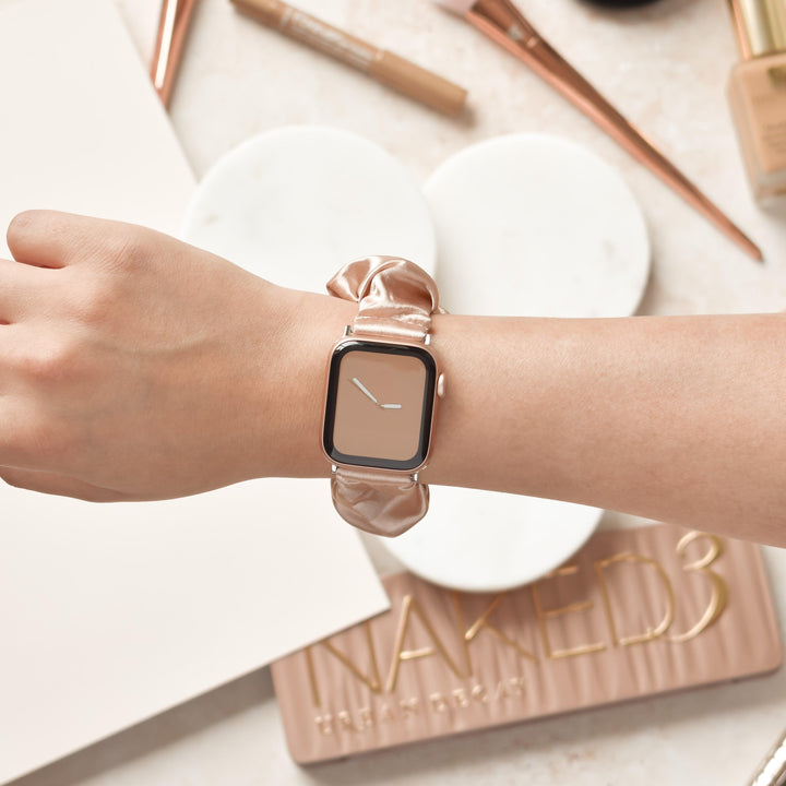 Beige-Satin-Scrunchie-Apple-Watch-Strap-Band-Front
