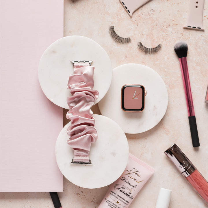 Pink-Satin-Scrunchie-Apple-Watch-Strap-Band-Flat-Lay