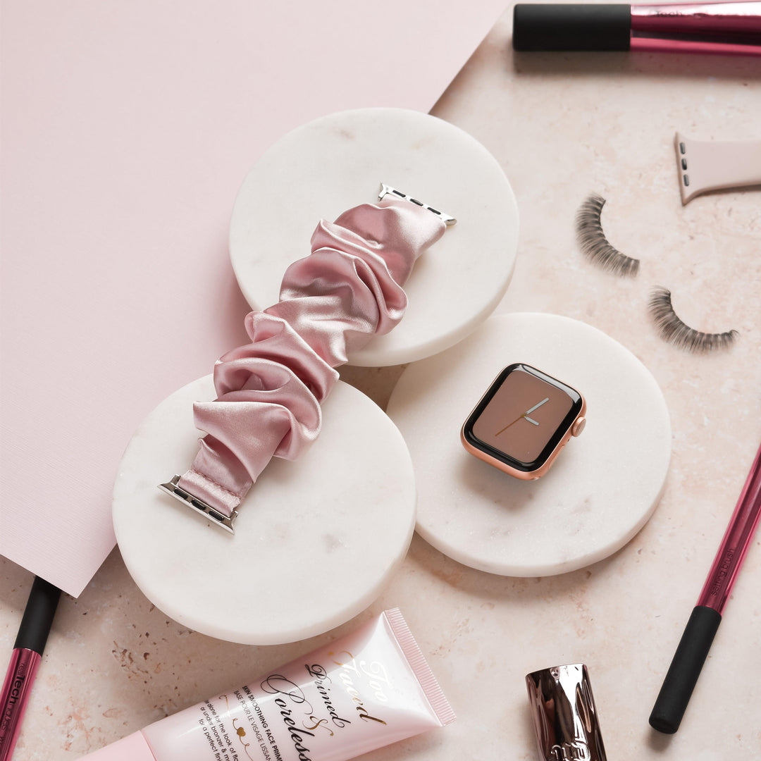 Pink-Satin-Scrunchie-Apple-Watch-Strap-Band-flat-lay