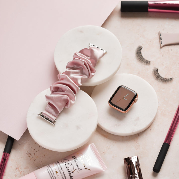 Pink-Satin-Scrunchie-Apple-Watch-Strap-Band-flat-lay