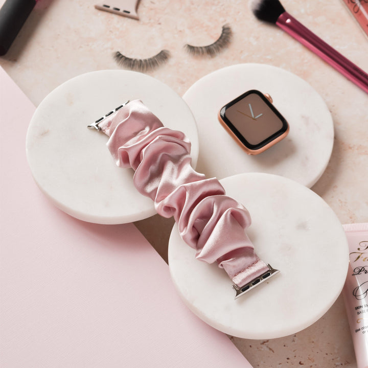 Pink-Satin-Scrunchie-Apple-Watch-Strap-Band-Flat-Lay