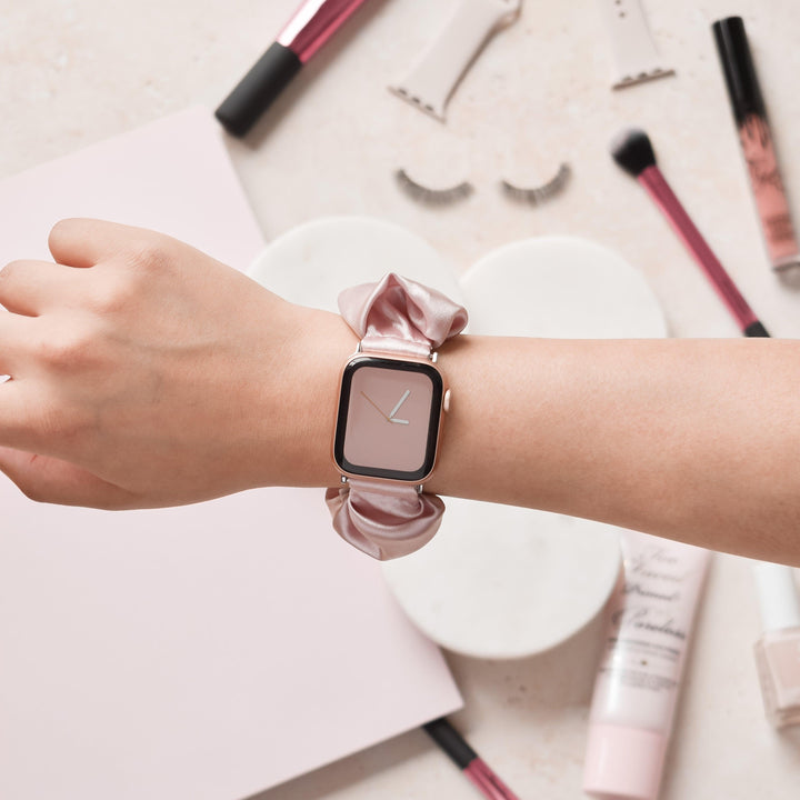 Pink-Satin-Scrunchie-Apple-Watch-Strap-Band-Front